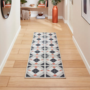 Washable Victoria H1190 Modern Vintage Geometric Diamond Tile Lightweight Printed Polyester Flatweave Grey/Orange Rug-Think Rugs-Rug Love - The Most Loved Rug Store